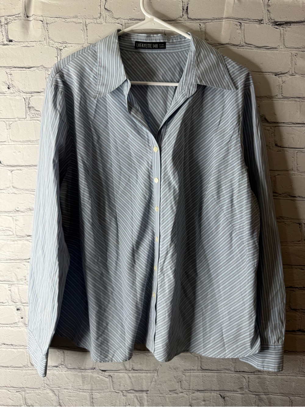 Lafayette 148 New York Light Blue and White Striped Dress Shirt 18w